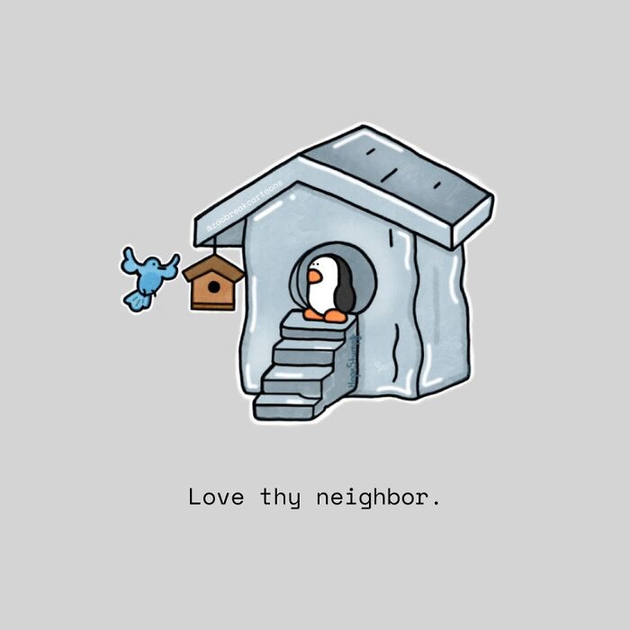 Hilariously relatable one-panel comics of animals featuring a penguin in an igloo house and a blue bird with a birdhouse.