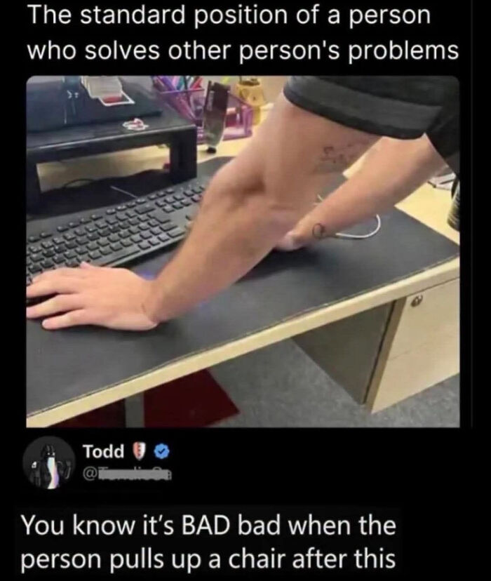 A funny LinkedIn meme of a person leaning on their desk, solving problems, depicting work-life balance struggles.