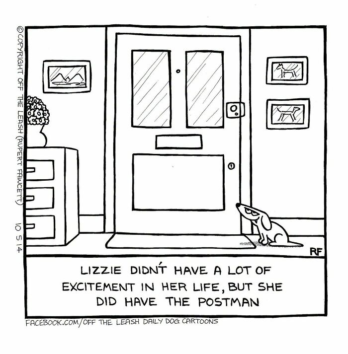 Off The Leash comic: A dog eagerly waits for the postman at the front door, capturing life with dogs.