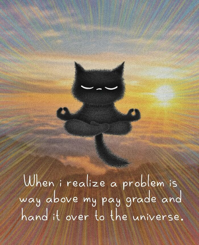 Adorable illustrations depicting a black cat character meditating in a lotus position against a sunrise background, showing everyday cat behavior.