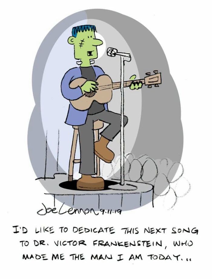 Joe Lennon comic of Frankenstein playing guitar and dedicating a song, showing life's tiny awkward moments are funny.
