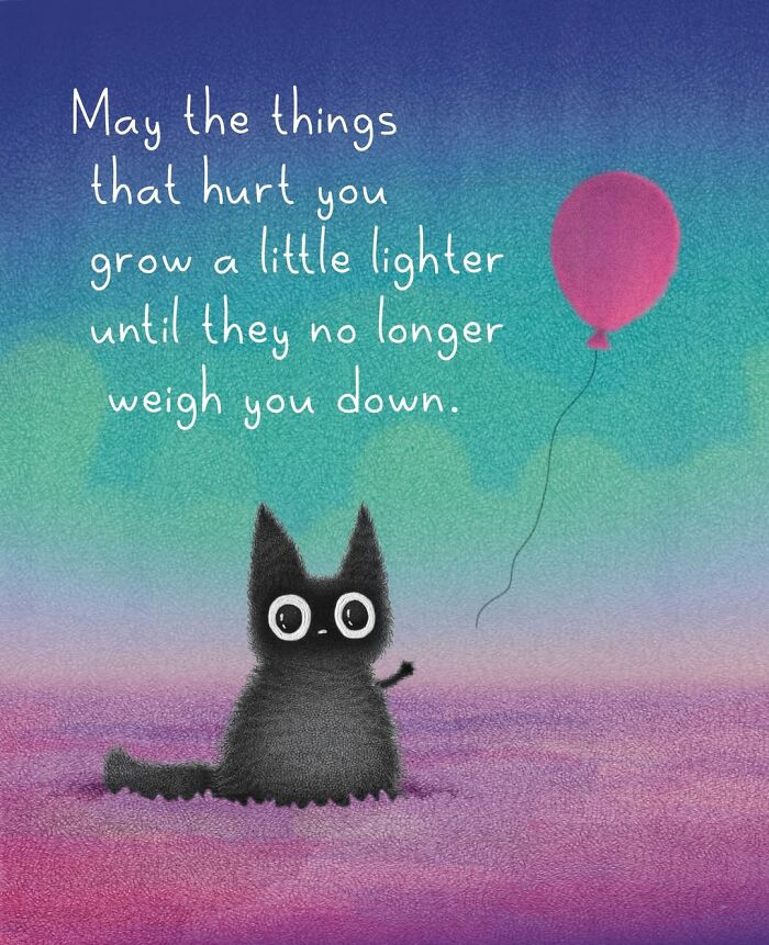 Cute cat illustration of a fuzzy black cat character looking at a pink balloon floating away, depicting adorable cat behavior.