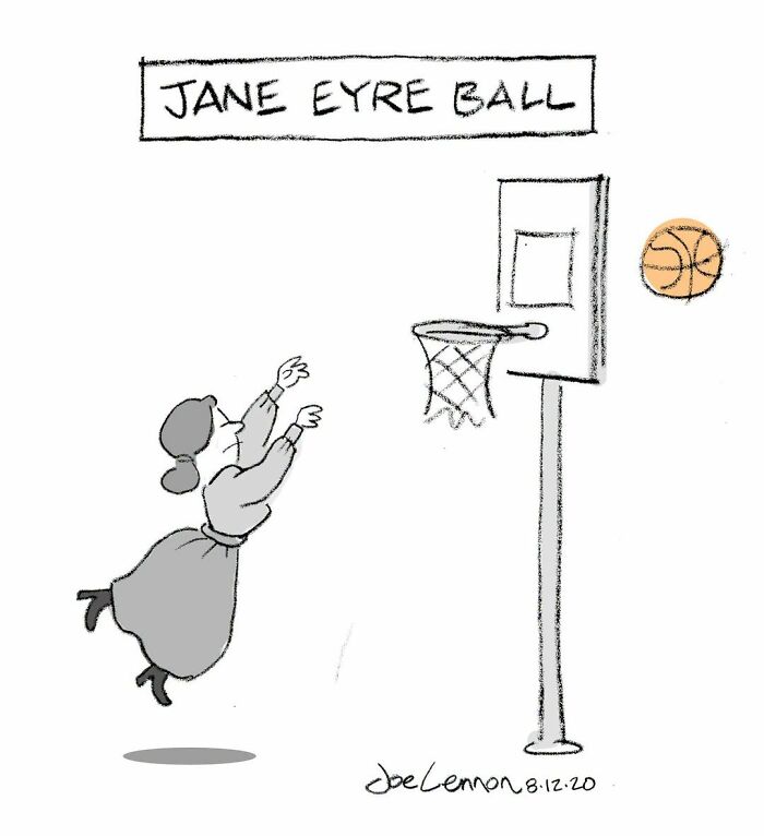 Joe Lennon comic showing Jane Eyre playing basketball, capturing life's tiny awkward moments that are funny.