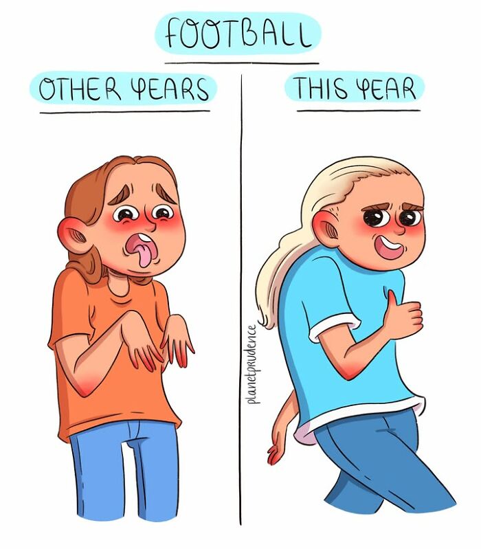 An artist illustrates what being a woman is like, with women's differing reactions to football.