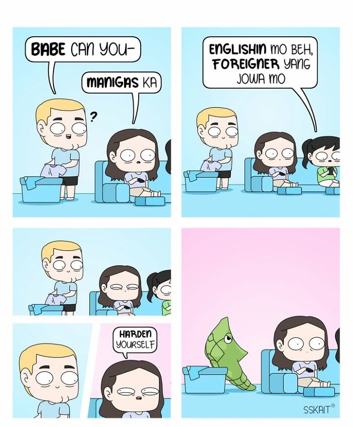 A comic featuring a couple where one person asks the other to harden themselves, illustrating Filipino humor and everyday situations.