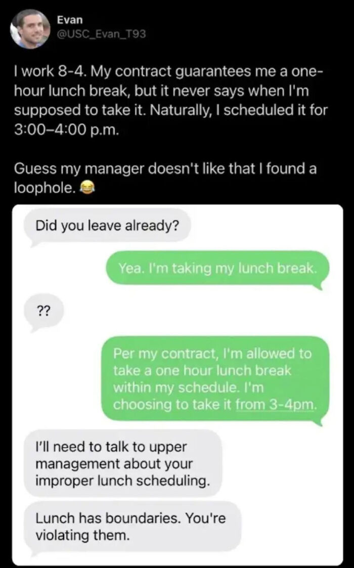 A LinkedIn meme with a text conversation about an employee taking a lunch break from 3-4 PM, challenging work-life balance norms.