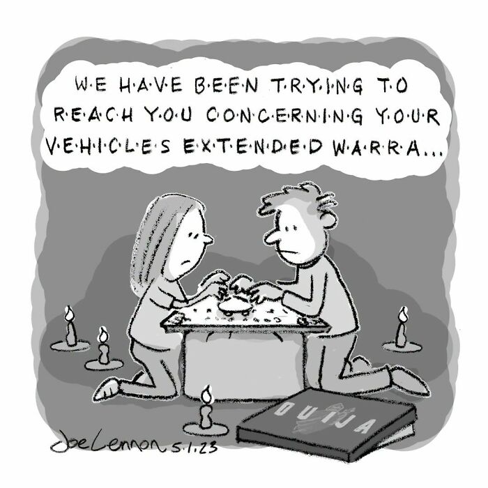 Joe Lennon comic of a couple using a Ouija board with a telemarketer calling, highlighting life's tiny awkward moments are funny.
