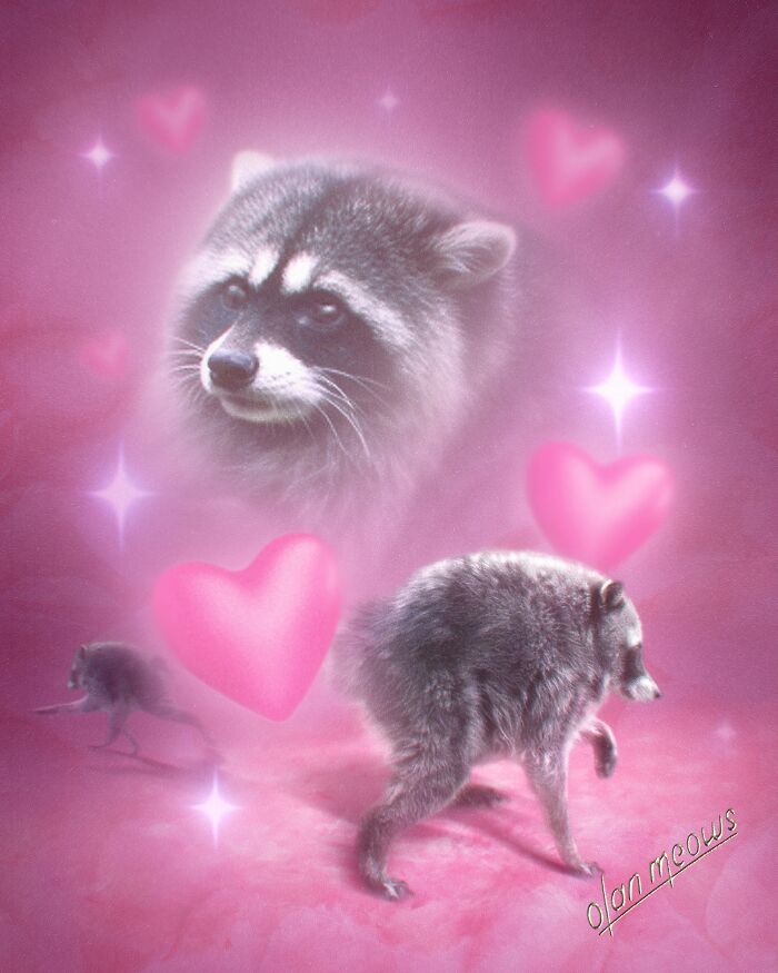 Hilarious 80s portrait featuring a raccoon walking on a pink background with floating hearts and sparkles.