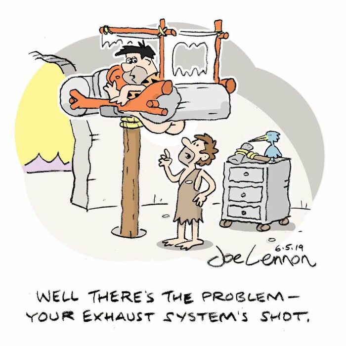 Joe Lennon comic: Fred Flintstone stuck in an exhaust pipe, proving life's tiny awkward moments are funny.