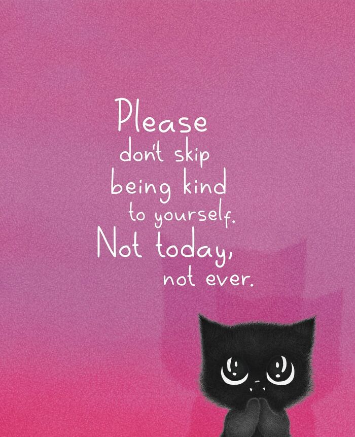 Cute cat illustration on a pink background, with a black cat character in an adorable pose, conveying a kind message.