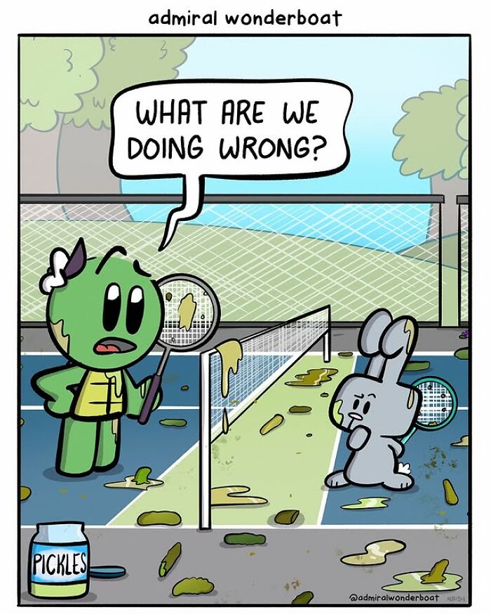 Funny, slightly dark comic of two characters playing tennis with pickles on the court.