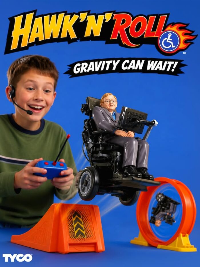 Bizarre figurine of a boy with a Hawk 'N' Roll RC toy, featuring Stephen Hawking, a dark comedy collectible.
