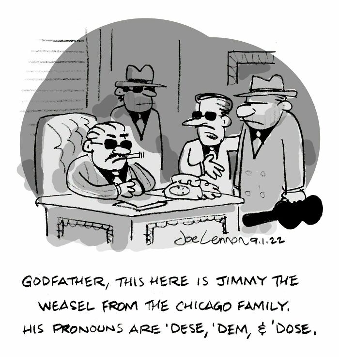 Joe Lennon's comics feature funny, awkward moments with the Chicago Family discussing Jimmy the Weasel's pronouns.