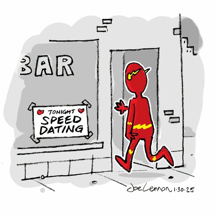 Joe Lennon's comics portray funny, awkward moments with The Flash rushing into a bar for speed dating.