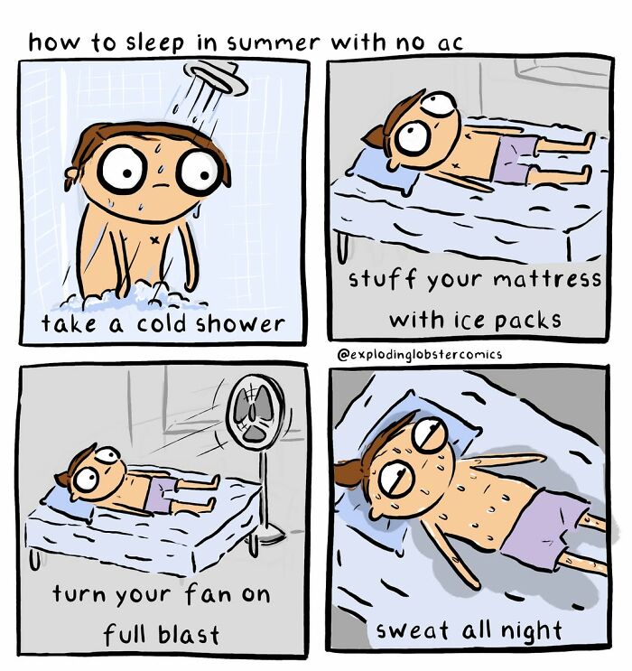 A comic strip about how to sleep in summer with no AC, featuring cats, cryptids and questionable life choices.