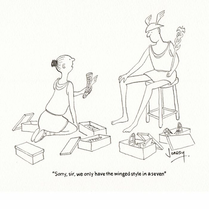 A Jonesy cartoon features Mercury trying on winged shoes, adding humor to the absurdities of everyday life.
