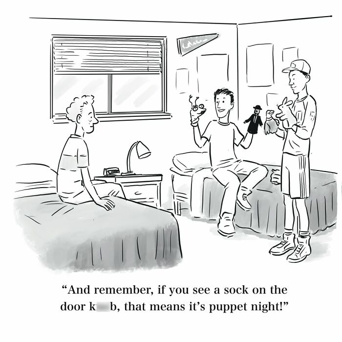 A comic featuring a Mannequin on the Moon with dry humor, showing two young men and puppets in a bedroom.