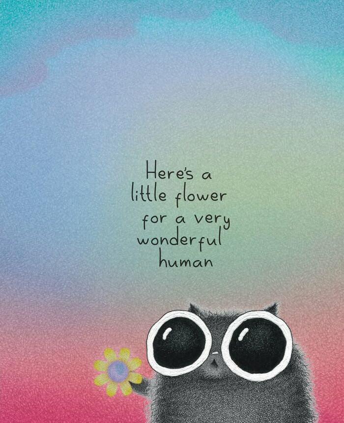 Adorable illustrations showing a fuzzy black cat character with large eyes holding a flower, expressing a sweet message.