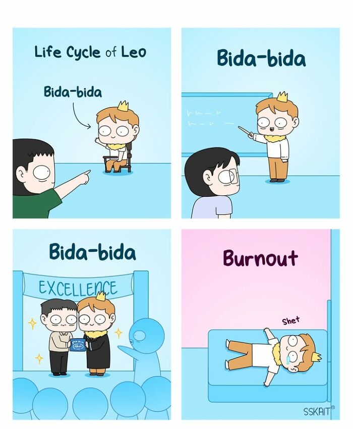 A comic illustrating the life cycle of Leo as bida-bida (attention-seeking) leading to burnout, a relatable situation with Filipino humor.