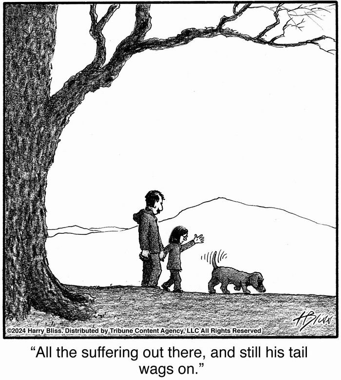 A funny dog comic by Harry Bliss depicting a man, child, and a dog walking under a tree, with the dog wagging its tail.