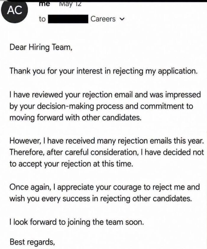 LinkedIn meme about work-life balance: a hilarious email rejecting a job rejection. Perfect for a laugh!