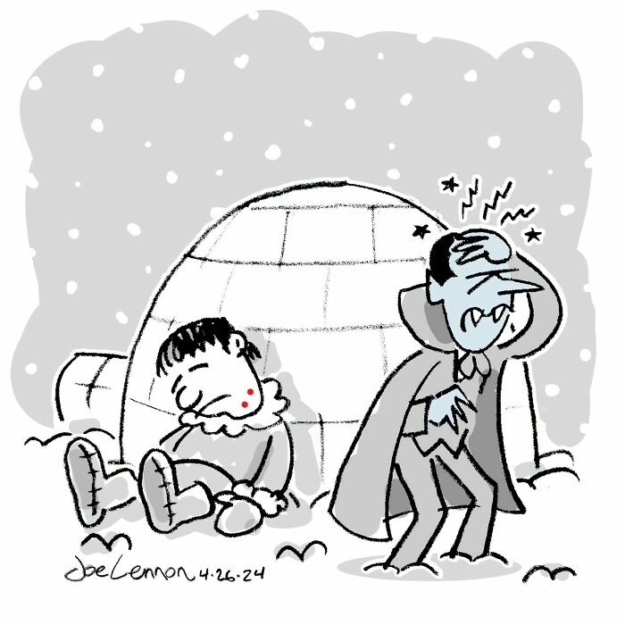 Joe Lennon's comics capture funny, awkward moments with Dracula shivering outside an igloo in the snow.