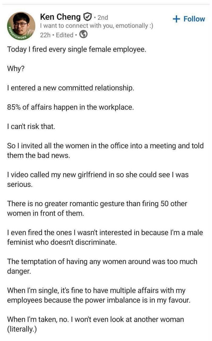 A LinkedIn meme showing a post about firing female employees for a new relationship, highlighting work-life balance.