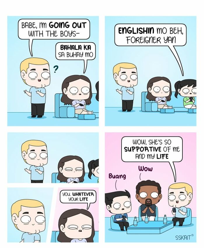 A comic about a man going out with friends, his partner responds in Filipino slang, then translates to English, which he misinterprets as supportive, showing Filipino humor.