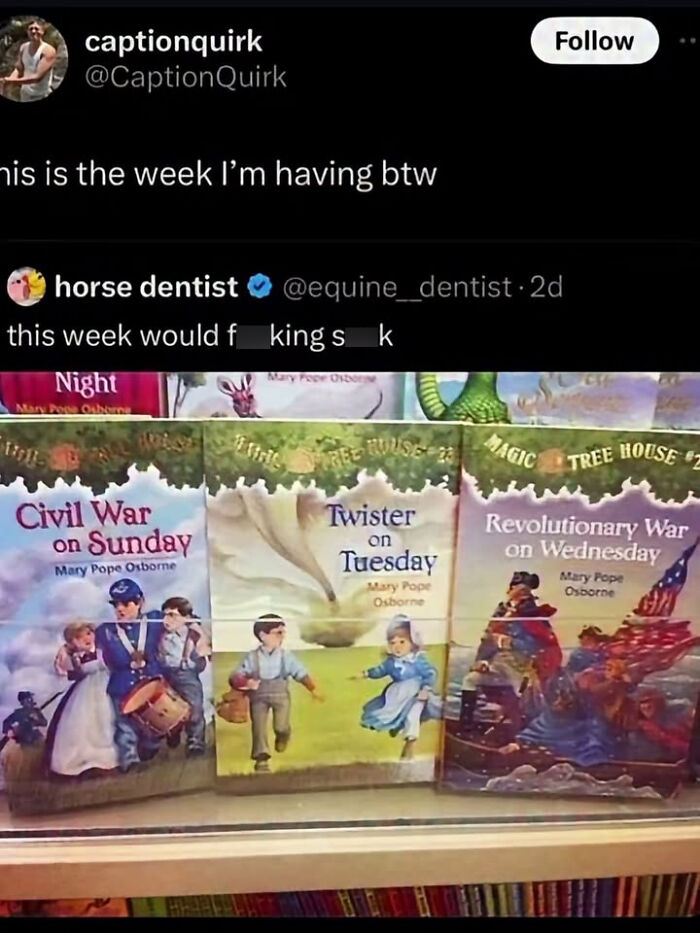A funny meme displaying several Magic Tree House books, humorously titled for distracting laughter.