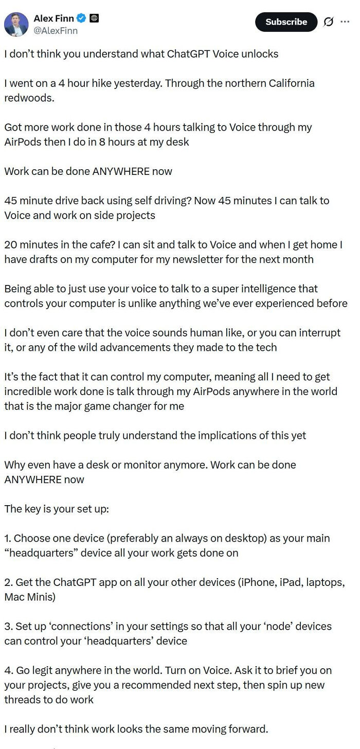 LinkedIn meme about work-life balance: a tweet explaining how ChatGPT Voice helps with work-life balance.