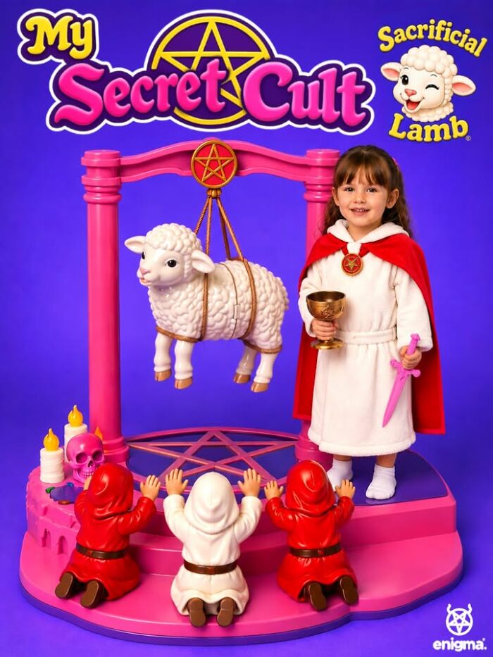Bizarre figurine of a girl with a My Secret Cult and Sacrificial Lamb playset, a dark comedy collectible.