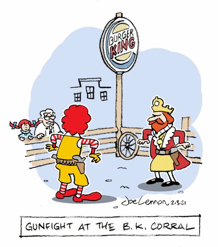 Joe Lennon's comics illustrate funny, awkward moments with Ronald McDonald and Burger King in a gunfight.