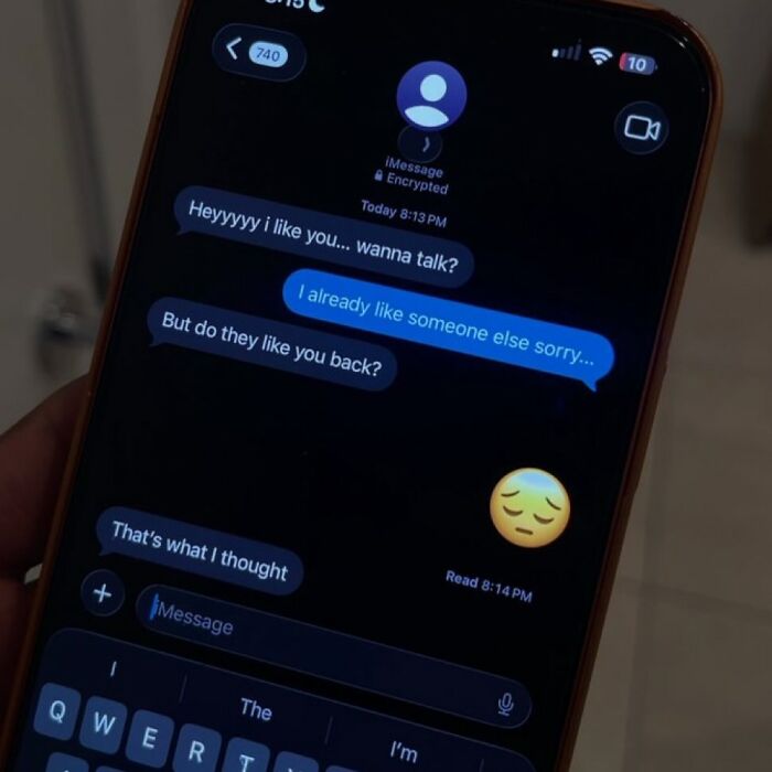 A funny meme showing a text message conversation where one person confesses feelings and the other rejects them.