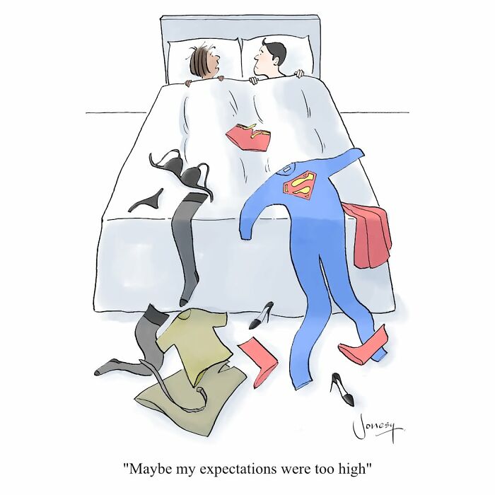 A Jonesy cartoon with a Superman costume on the floor and a couple in bed, depicting absurdities of everyday life.