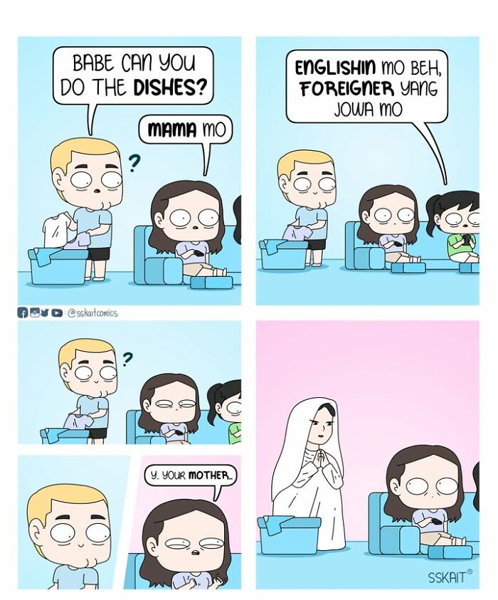 A comic showing a man asking his partner to do dishes, she replies in Filipino slang, then translates to English for a foreigner, displaying Filipino humor.