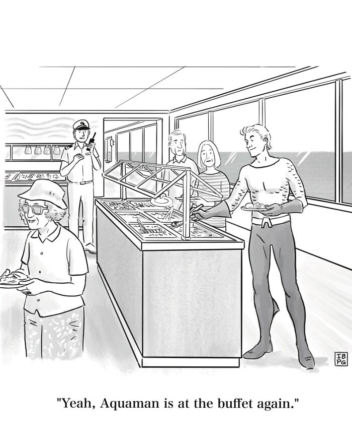 A comic featuring a Mannequin on the Moon with dry humor, showing Aquaman at a buffet line with other people.