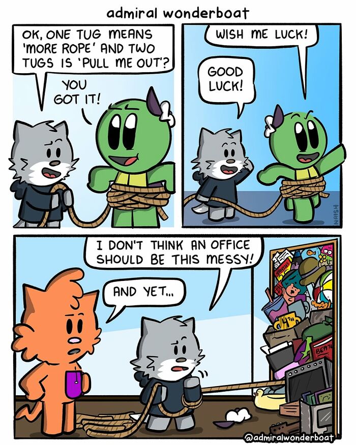 Funny, slightly dark comic showing a cat learning rope signals and then a messy office.