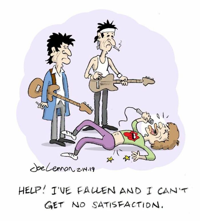 Joe Lennon comic featuring a fallen rock star singing I can't get no satisfaction, a funny awkward moment.
