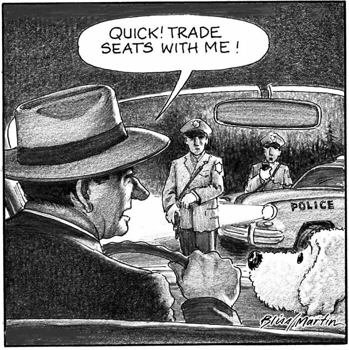 A funny dog comic by Harry Bliss featuring a man telling his dog to trade seats as police approach their car.