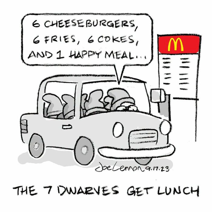 Joe Lennon's comic captures funny tiny awkward moments as the 7 Dwarves order lunch at a drive-thru.