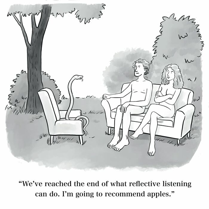 A comic featuring a Mannequin on the Moon with dry humor, showing Adam, Eve, and a snake in a garden.