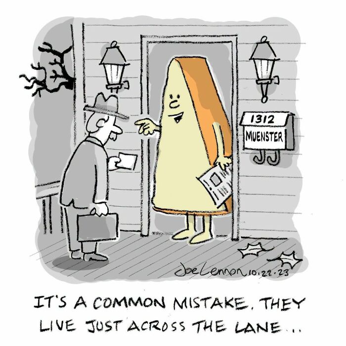 Joe Lennon comic: A mailman delivers mail to a piece of cheese, proving life's tiny awkward moments are funny.