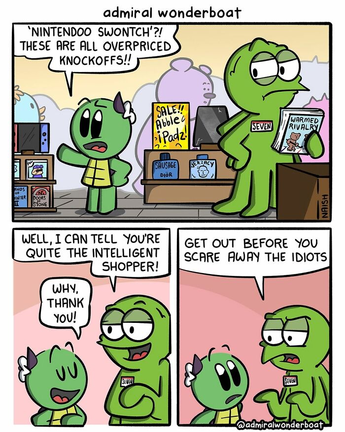 Funny, slightly dark comic about a smart shopper pointing out knockoffs in a store.