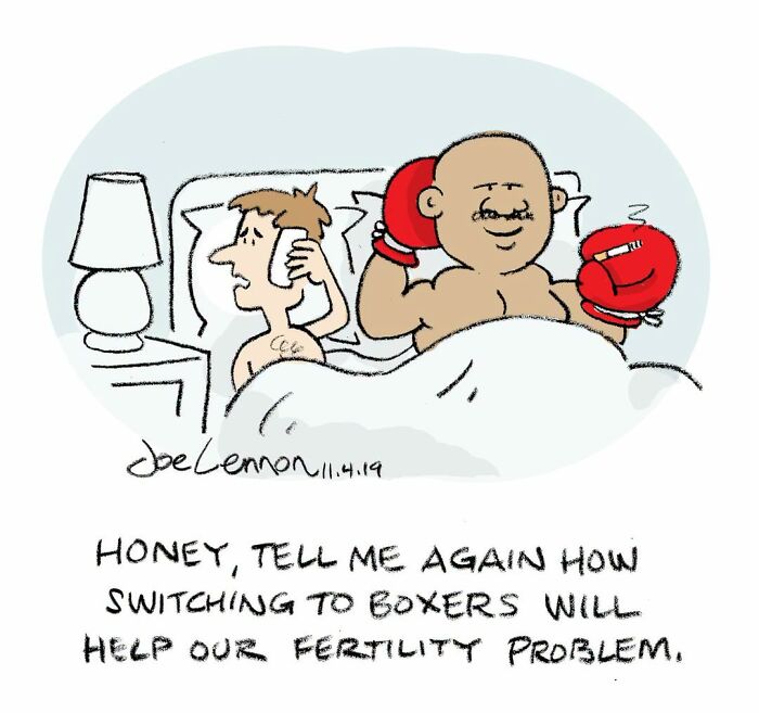 Joe Lennon comic: A man in bed with a partner wearing boxing gloves, illustrating life's tiny awkward moments.