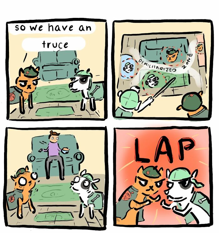 A comic strip about cats and cryptids negotiating a truce, featuring cats, cryptids and questionable life choices.