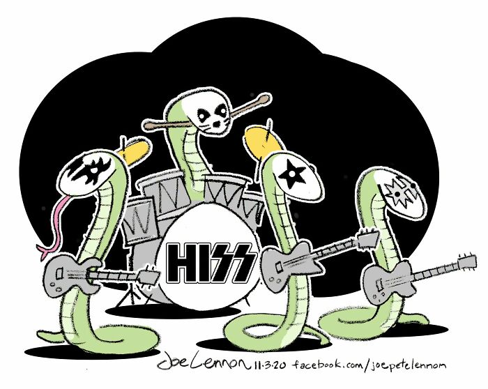 Joe Lennon comic: Snake rock band HISS performing, showcasing life's tiny awkward moments are funny.