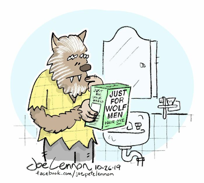Joe Lennon comic: A werewolf uses hair dye in the bathroom, highlighting life's tiny awkward moments.