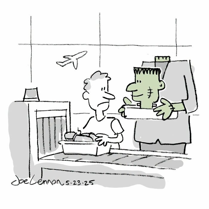 Joe Lennon comic: Frankenstein monster at airport security, one of life's tiny awkward moments.