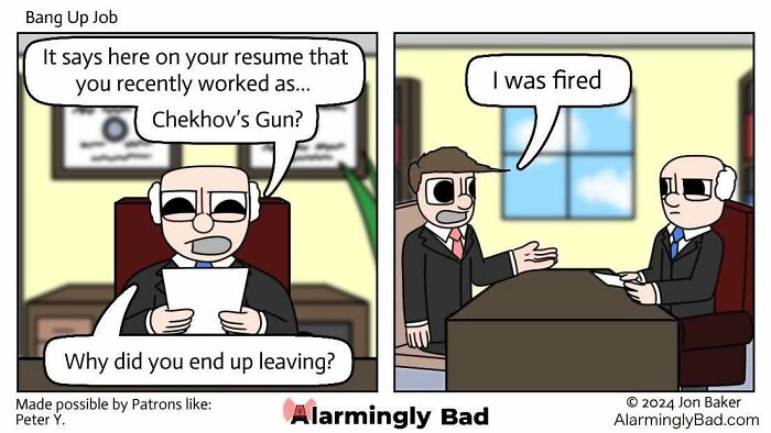 Humorous Jon Baker comic with an unpredictable twist about a Chekhov's Gun resume.