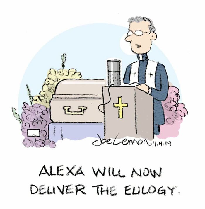 Joe Lennon comic depicting an Alexa device delivering a eulogy at a funeral, highlighting funny awkward moments.